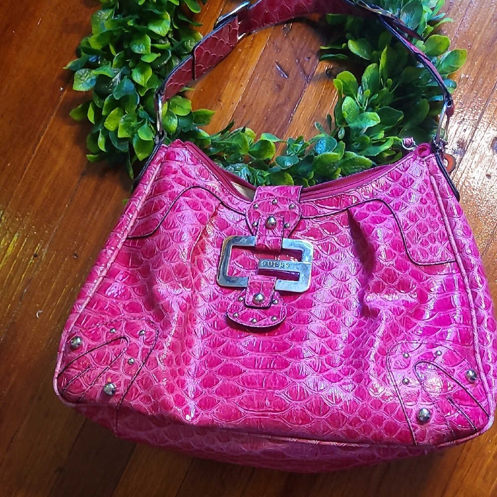 Guess Fuchsia Crocodile Embossed Shoulder Bag